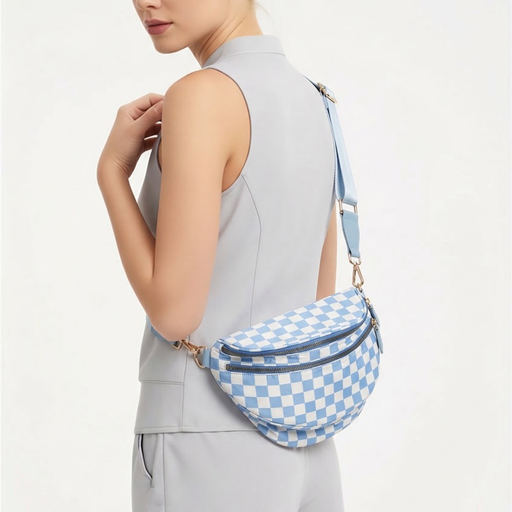 Light Blue Checkered Crossbody Belt Bag